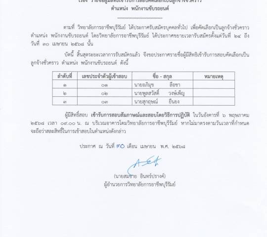 ประกาศรายชื่อผู้มีสิทธิเข้ารับการคัดเลือกเป็นลูกจ้างชั่วคราว ตำแหน่ง พนักงานขับรถยนต์